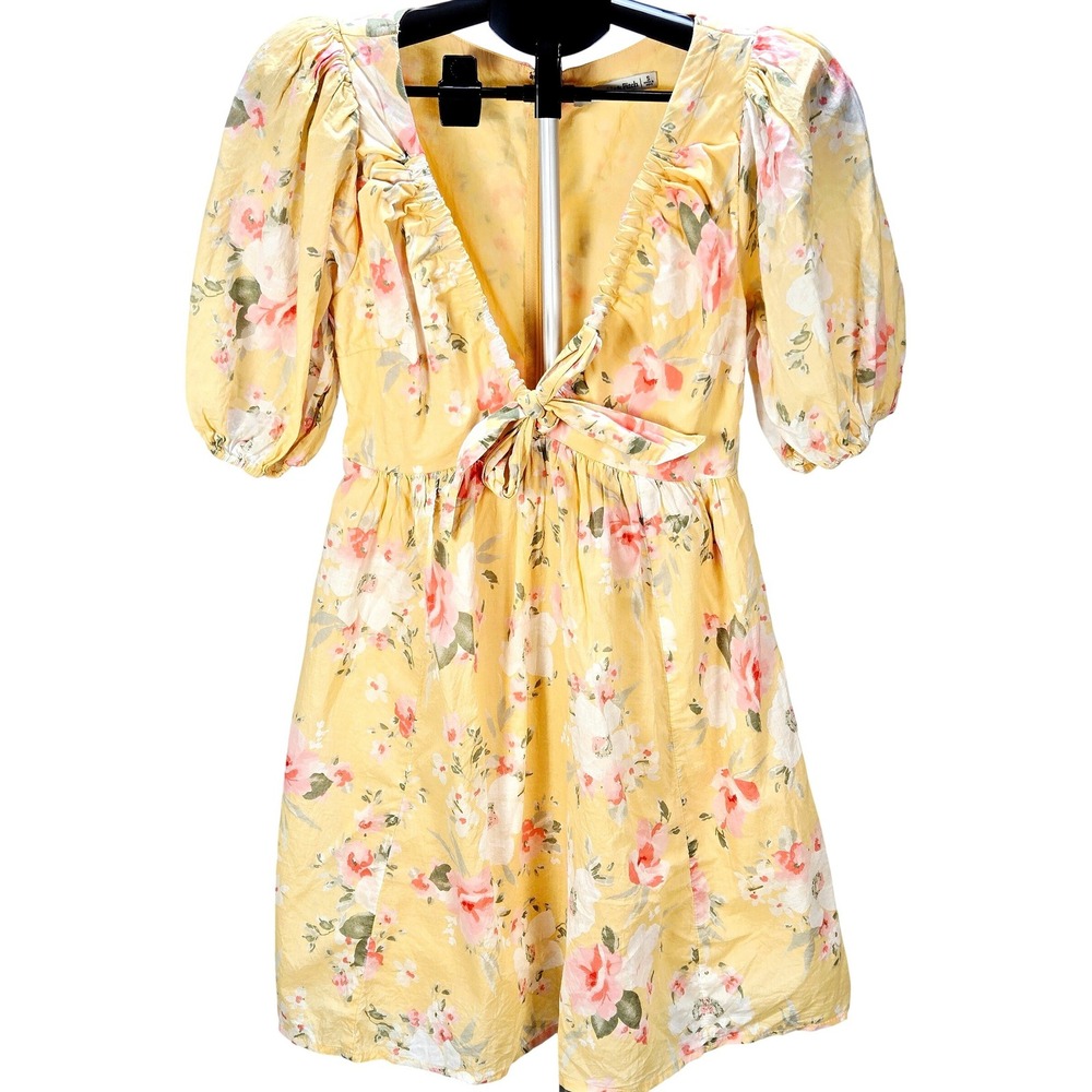 Women's Abercrombie Small Babydoll Milkmaid Midi Dress Yellow Floral Puff Sleeve
